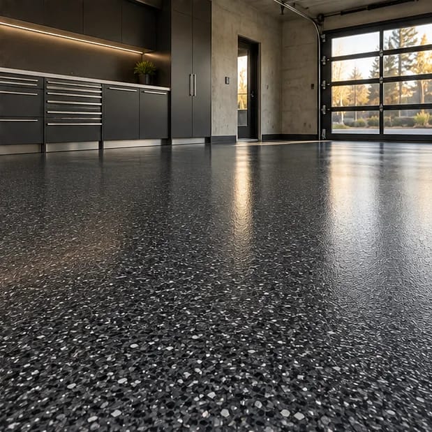 AI design concept: Charcoal Flake flooring in a modern garage with graphite cabinetry and natural light; not a completed FENIX project