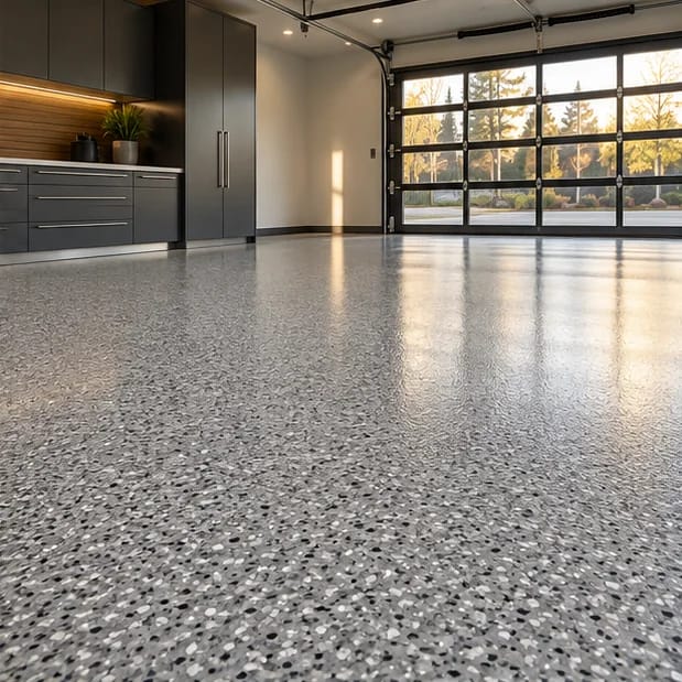 AI design concept: Grey Flake flooring in a modern garage with graphite cabinetry and natural light; not a completed FENIX project