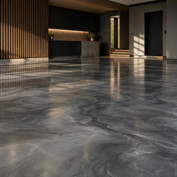 AI design concept: Metallic Smoke flooring in a modern garage with graphite cabinetry and natural light; not a completed FENIX project