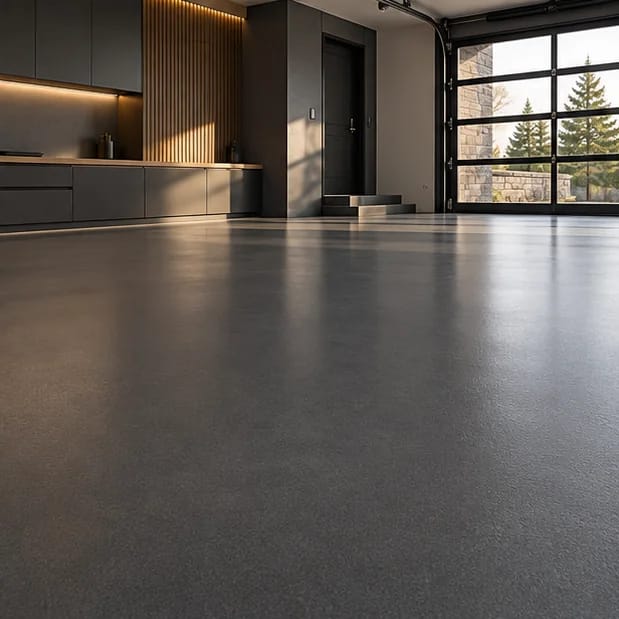 AI design concept: Solid Graphite flooring in a modern garage with graphite cabinetry and natural light; not a completed FENIX project