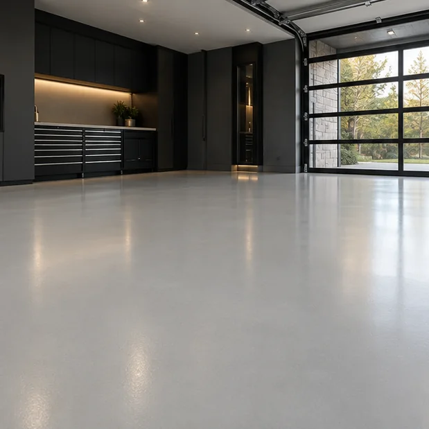AI design concept: Solid Light Grey flooring in a modern garage with graphite cabinetry and natural light; not a completed FENIX project