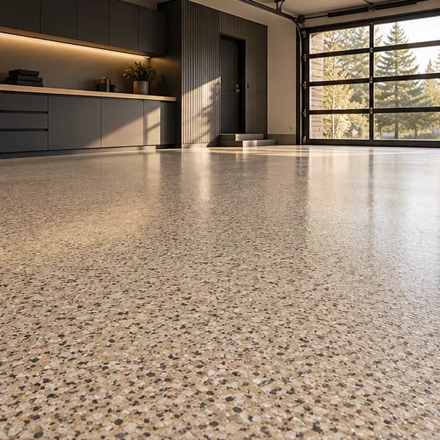 AI design concept: Tan Flake flooring in a modern garage with graphite cabinetry and natural light; not a completed FENIX project