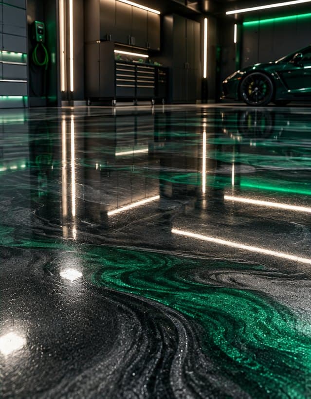 Original concept of a finished metallic epoxy garage floor